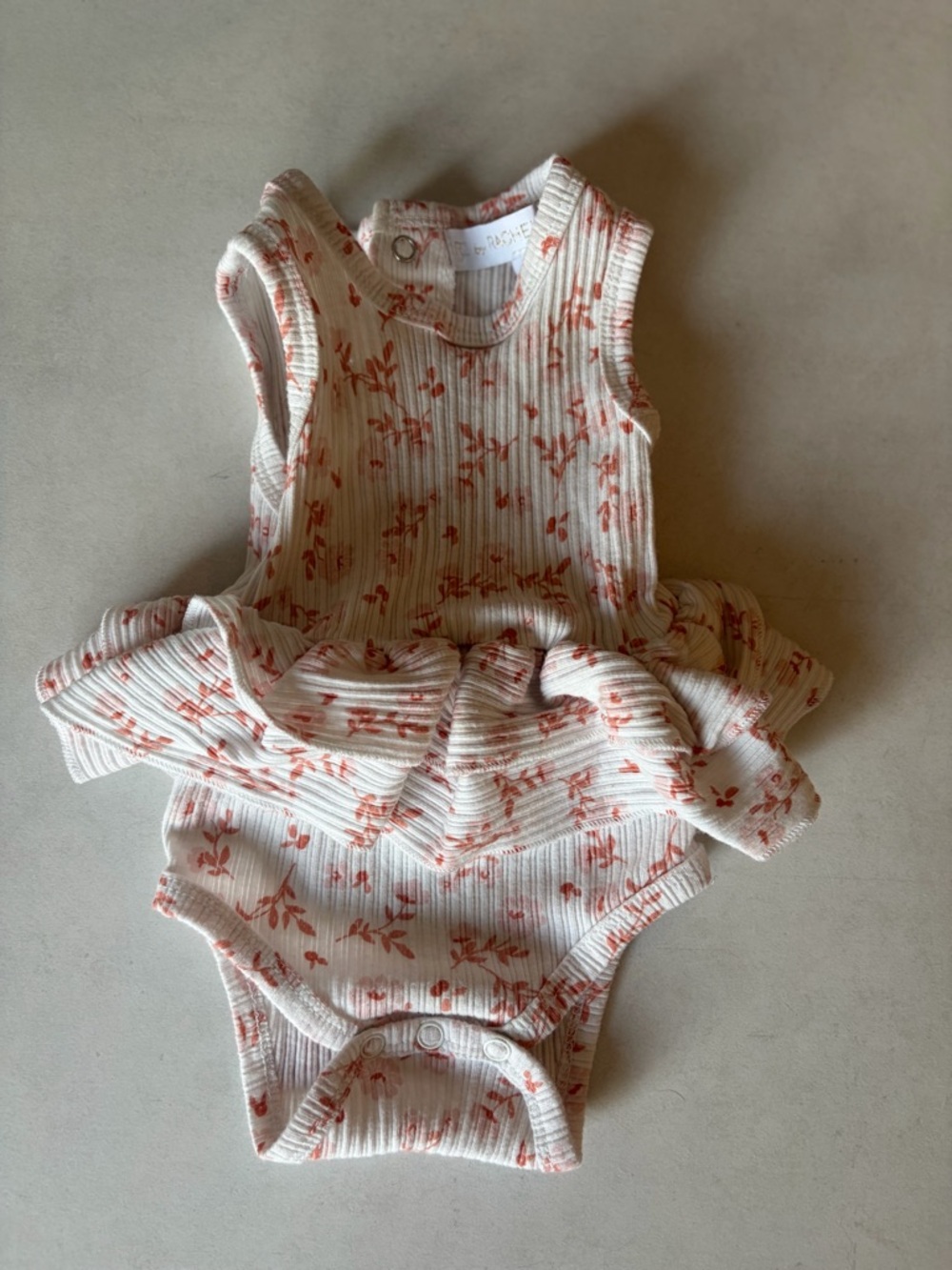 Ribbed Floral Ruffle One-Piece Skirted Bodysuit - Cream with Rust Floral